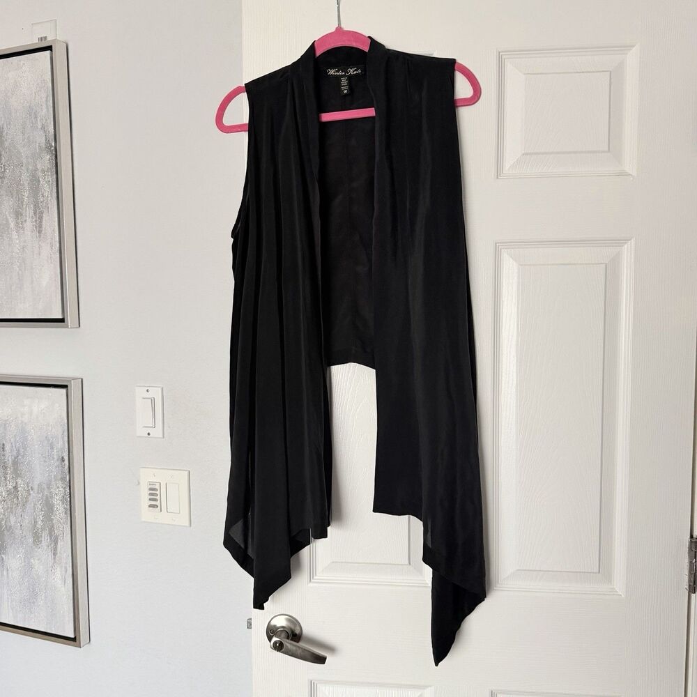Draped Open Front Sleeveless Vest Cardigan-Black-M 100% Silk